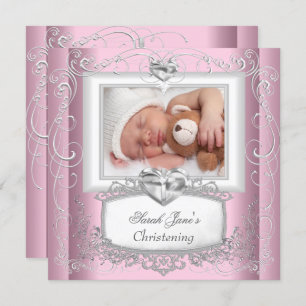 Baby Girl Pink Christening Taufe Kreuz Weiß Einladung