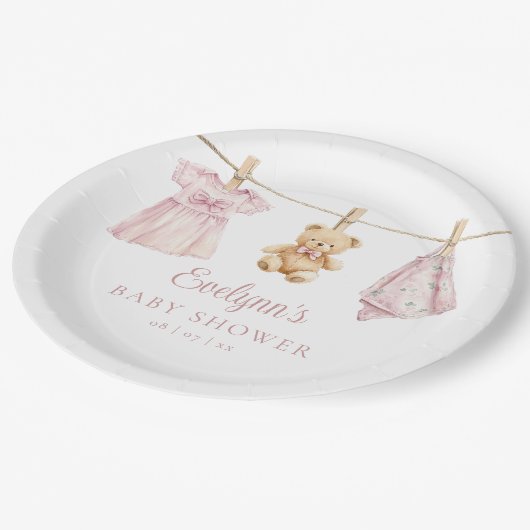 Baby Girl Pink Clothesline Babydusche Pappteller (Schrägansicht)