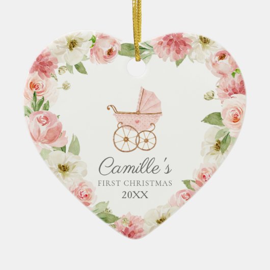 Baby Girl Pink Floral Erstes Weihnachtsfest Foto Keramik Ornament (Vorne)