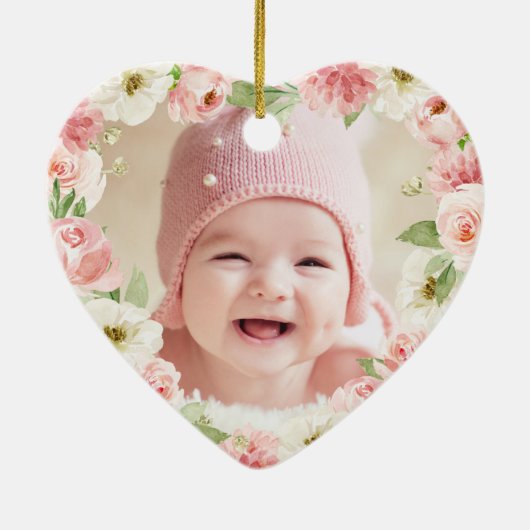 Baby Girl Pink Floral Erstes Weihnachtsfest Foto Keramik Ornament (Hinten)