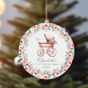 Baby Girl Pink Floral First Christmas Stroller Keramik Ornament