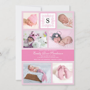 Baby Girl Pink Foto Geburtshinweis Monogram Ankündigung