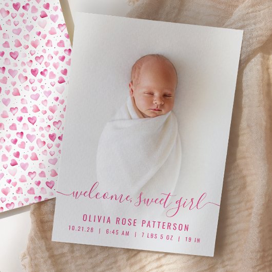 Baby Girl Pink Hört Skript Foto Birth Ankündigung