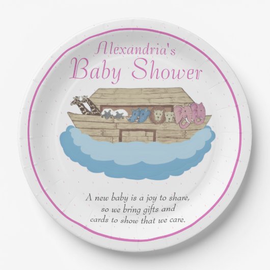 Baby Girl Pink Noah's Ark Baby Shower Einladung Pappteller (Vorderseite)