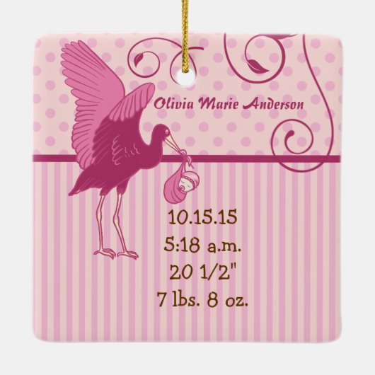 Baby Girl Pink Stork Birth Stats Foto Keramikornament (Rückseite)