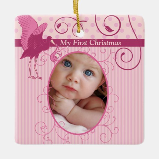 Baby Girl Pink Stork Birth Stats Foto Keramikornament (Vorderseite)