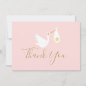Baby Girl Pink Stork Gold Star Script Vielen Dank Dankeskarte (Vorderseite)