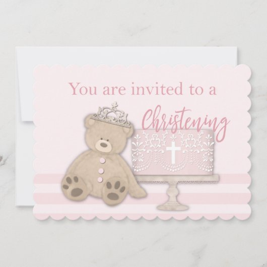 Baby Girl Pink Taufe Einladung Teddy Bär (Vorderseite)