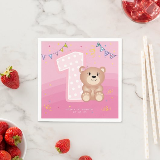Baby Girl Pink Teddy First Birthday Party Napkins Serviette (Beispiel)
