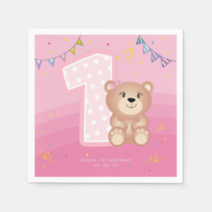 Baby Girl Pink Teddy First Birthday Party Napkins Serviette