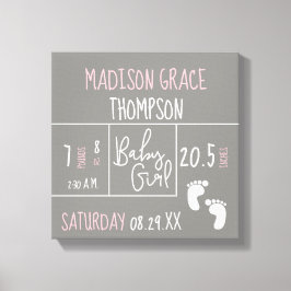 Baby Girl Pink und Gray Announcement Personalisier Leinwanddruck