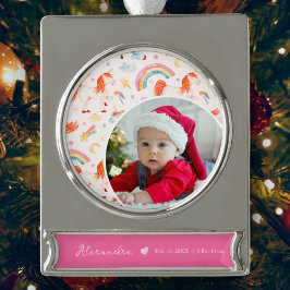 Baby Girl Pink Unicorn Foto Birth Stat Weihnachten Banner-Ornament Silber