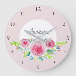 Baby Girl Pink Wasserfarben Blume und Kinderzimmer Große Wanduhr