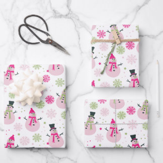 Baby Girl Pink Weihnachtsschneemänner und Schneefl Geschenkpapier Set
