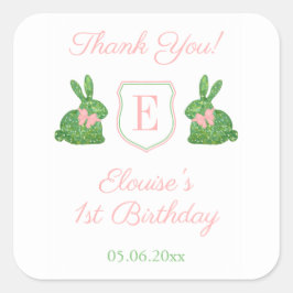 Baby Girl Preppy Bunny Monogram Vielen Dank Quadratischer Aufkleber