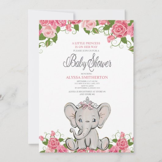 Baby Girl Princess Tiara Elephant Pink Floral Einladung (Vorderseite)