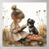 Baby Girl Reading black White Puppy Red Mushroom  Poster (Vorne)