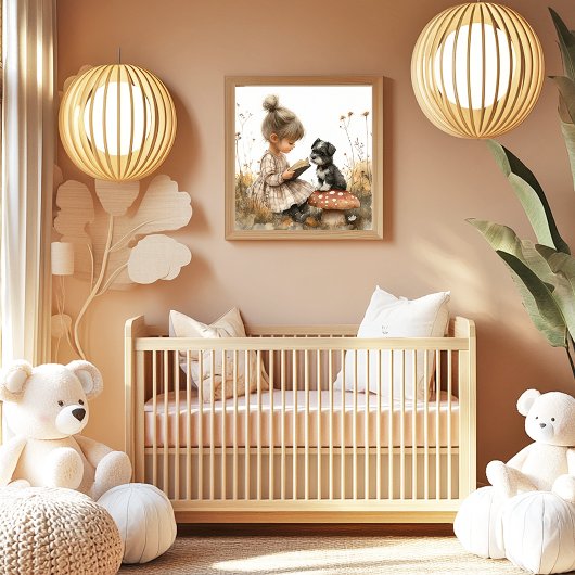 Baby Girl Reading black White Puppy Red Mushroom  Poster