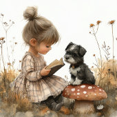 Baby Girl Reading black White Puppy Red Mushroom  Poster