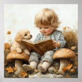 Baby Girl Reading Tan Puppy Mushrooms Poster (Vorne)