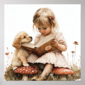 Baby Girl Reading Tan Puppy Red Mushroom  Poster (Vorne)