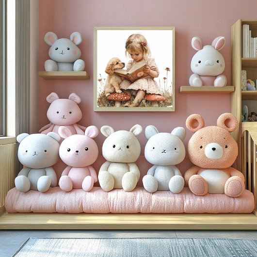 Baby Girl Reading Tan Puppy Red Mushroom  Poster