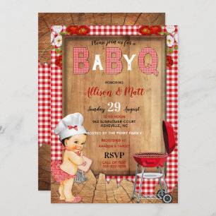 Baby Girl Red Gingham Wood Blume Baby Q Barbecue Einladung