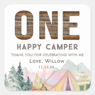 Baby Girl Rustic One Happy Camper Geburtstagsfavor Quadratischer Aufkleber