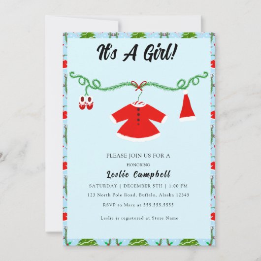 Baby Girl Santa Outfit Babydusche Einladung (Vorderseite)