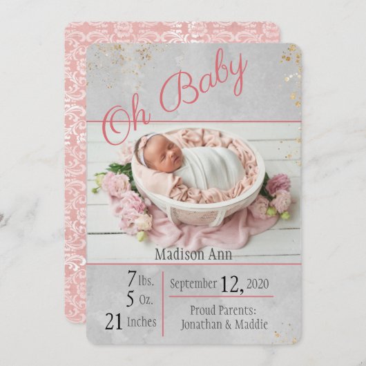 Baby Girl Script personalize Date Birth Ankündigung (Vorne/Hinten)