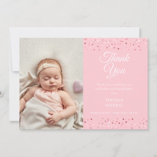 Baby Girl Script Vielen Dank Liebe Herz Foto Birth Ankündigung (Vorderseite)