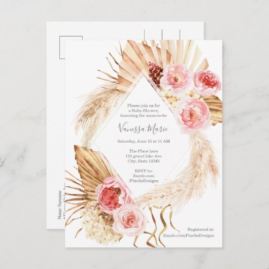 Baby Girl Shower Modern Boho Pampas Gras floral Einladungspostkarte (Vorne/Hinten)