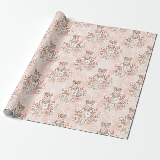Baby Girl Shower Teddy Bears Wrapping Paper Geschenkpapier (Ungerollt)