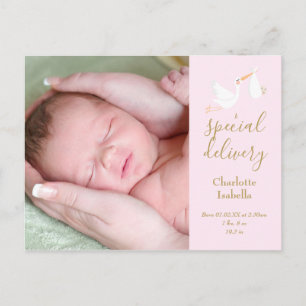 Baby Girl Special Delivery Stork Foto Pink Birth Ankündigungspostkarte