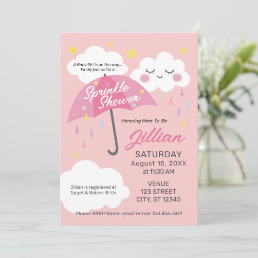 Baby Girl Sprinkle Dusche Einladung (Stehend Vorderseite)