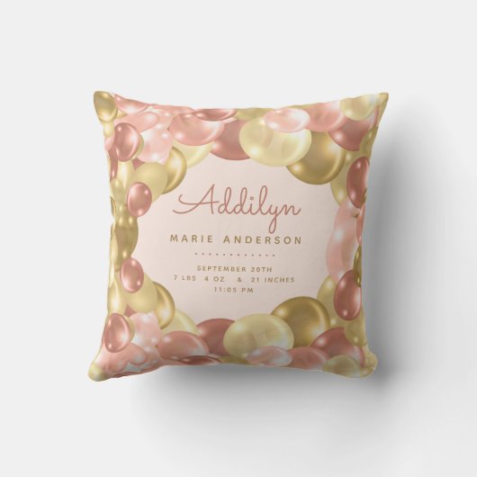 Baby Girl Stats Pink Balloons Kissen (Rückseite)