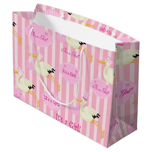 Baby Girl Storch Pink Stripes Große Geschenktüte (Rückseite Schrägansicht)