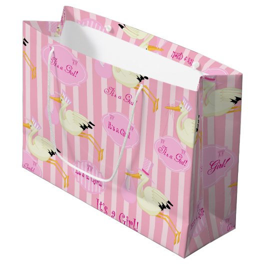 Baby Girl Storch Pink Stripes Große Geschenktüte (Vorderseite Schrägansicht)