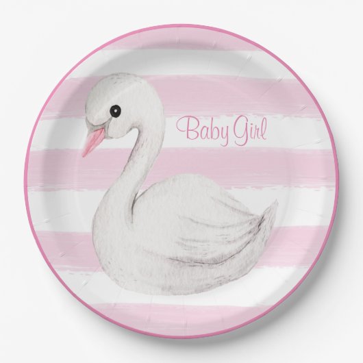 Baby Girl Swan Girly Pink Script Baby Dusche Pappteller (Vorderseite)
