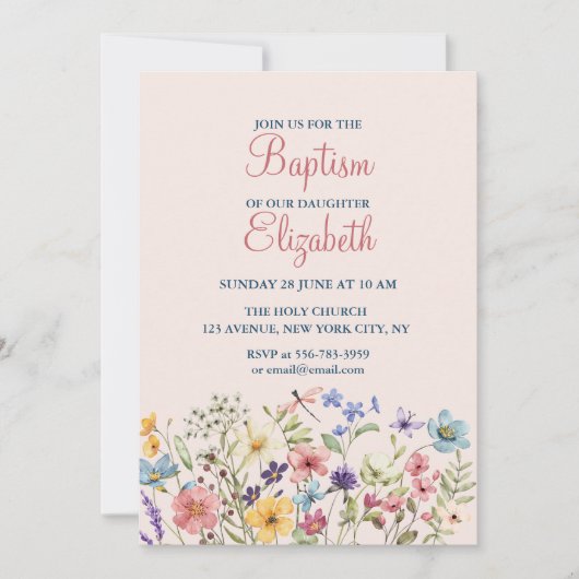 Baby Girl Taufe Aquarellfarben Einladung (Vorderseite)