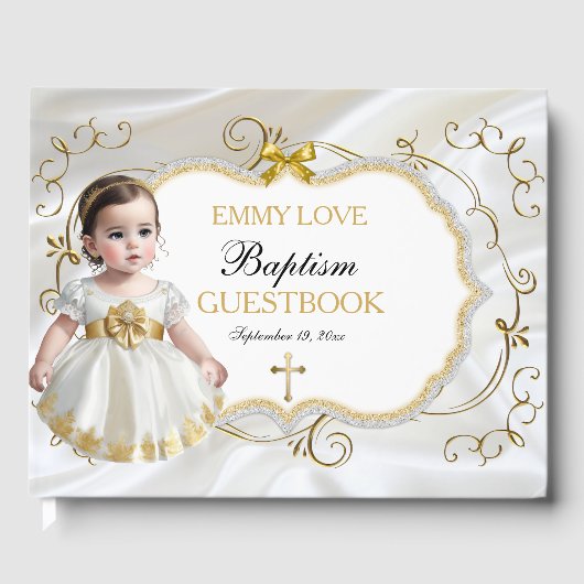 Baby Girl Taufe Christening White & Gold Cross Gästebuch (Vorderseite)