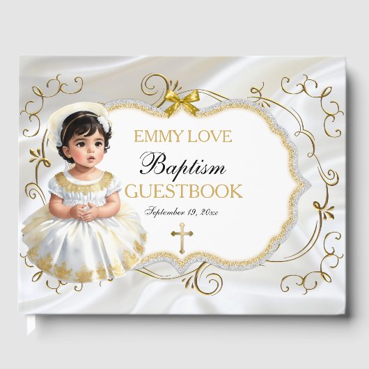 Baby Girl Taufe Christening White & Gold Cross Gästebuch (Vorderseite)