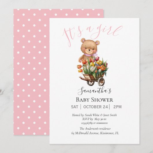 Baby Girl Teddy Bär Einladung (Vorne/Hinten)