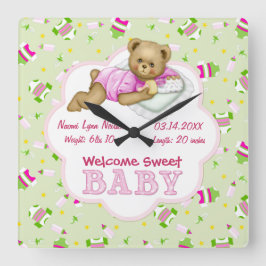 Baby Girl Teddy Bear Quadratische Wanduhr