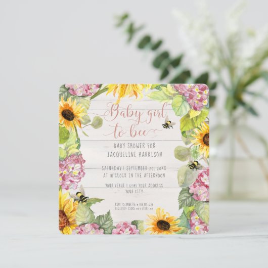 Baby Girl to Bee Sonnenblume Pink Hydrangeas Dusch Einladung (Stehend Vorderseite)