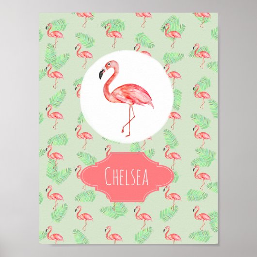 Baby Girl Tropical Pink Flamingo Name Kinderzimmer Poster (Vorne)