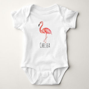 Baby Girl Tropical Watercolor Rosa Flamingo Name Baby Strampler