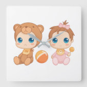Baby Girl Twins Bear Jumpsuit Quadratische Wanduhr (Vorderseite)