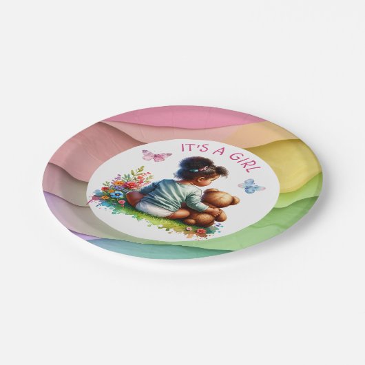 Baby Girl und ihr Teddy Bear | Es ist ein Mädchen Pappteller (Schrägansicht)