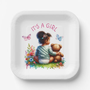 Baby Girl und ihr Teddy Bear Es ist ein Mädchen Pappteller